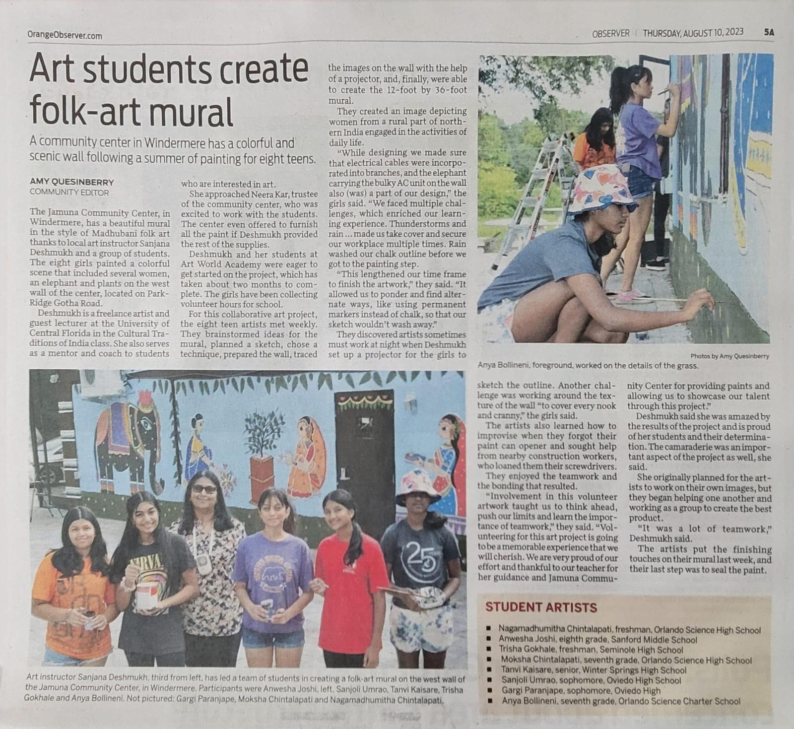 AWA featured in local newspaper for mural painting at Jamuna Community Center